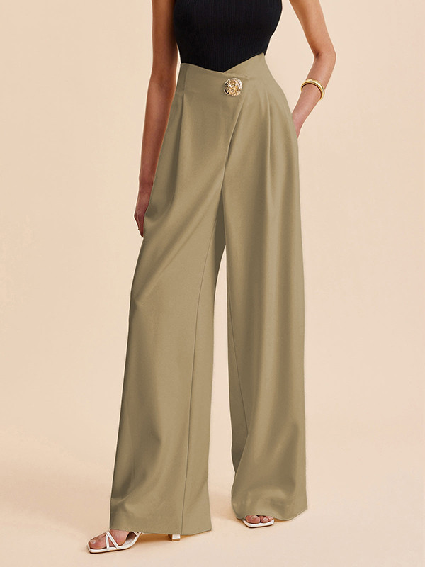 Solid Color Pleated Buttoned Wide Leg Loose Trousers Pants