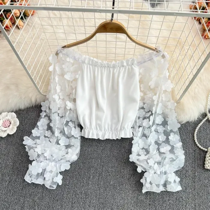 Flower Three-dimensional Decoration Slash Neck Long Sleeve Women's Blouse Shirt Korean Fashion Female Clothing Tops