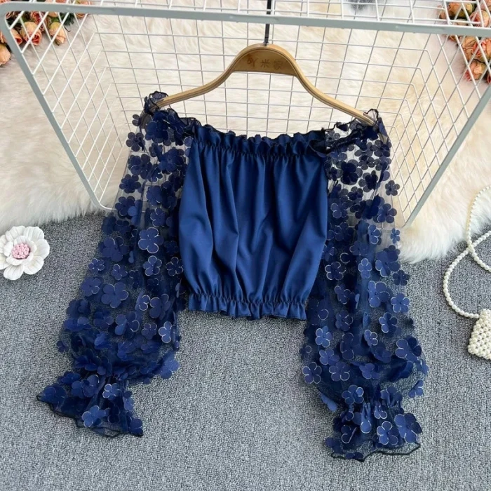 Flower Three-dimensional Decoration Slash Neck Long Sleeve Women's Blouse Shirt Korean Fashion Female Clothing Tops