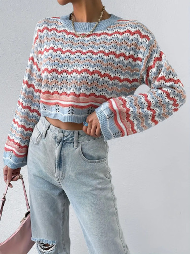Women's Color Block Soft Warm Long Sleeve Round Neck Pullover Sweater