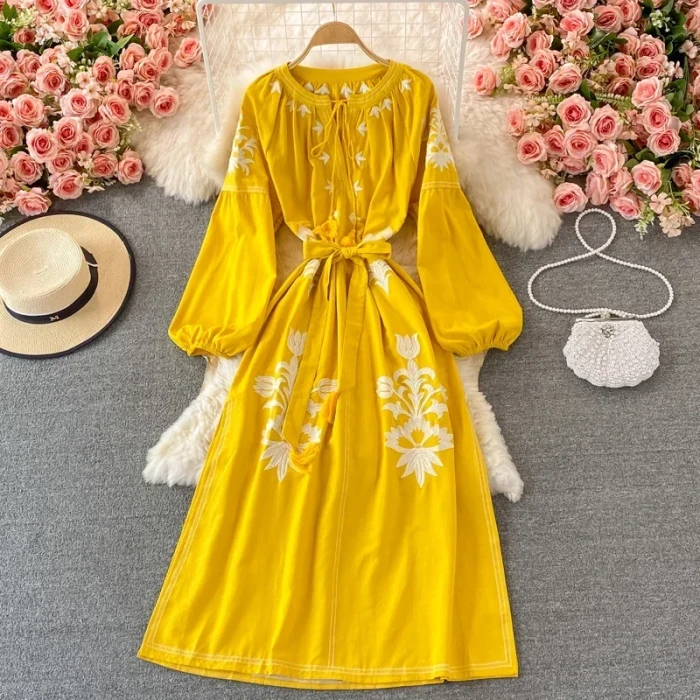 Holiday Embroidered Round Neck Lantern Sleeve Bohemian Vintage Loose Swing Dress