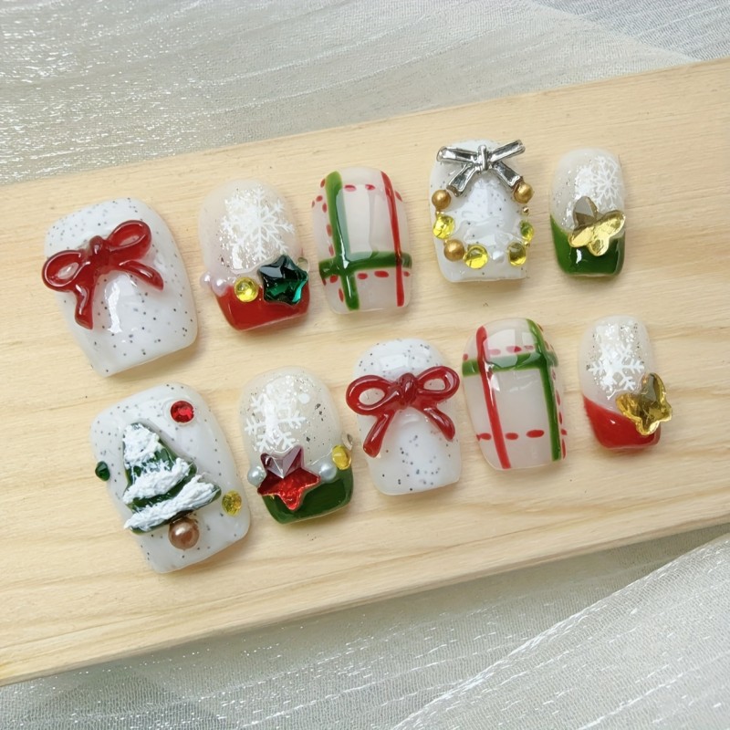 10pcs High-End Christmas Tree Christmas Snowflake Handmade Fake Nails, Christmas Holiday Nail Decorations, Christmas Holiday Girl Nail Patches