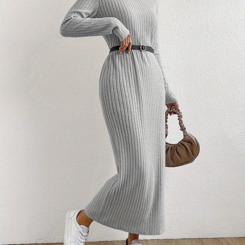 Elegant Ribbed Slim-Fit Long Sleeve Solid Color Round Neck A-Line Casual  Dress