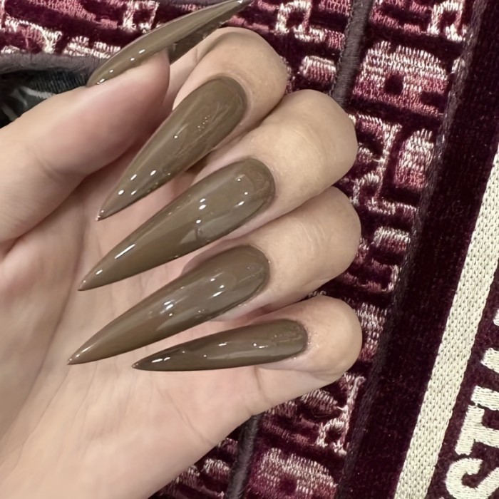 Ten-Pack Handmade Wearable Nails for Women Full Coverage Nail Stickers Reusable Long Teardrop Manicure Sheets Solid Chocolate Brown