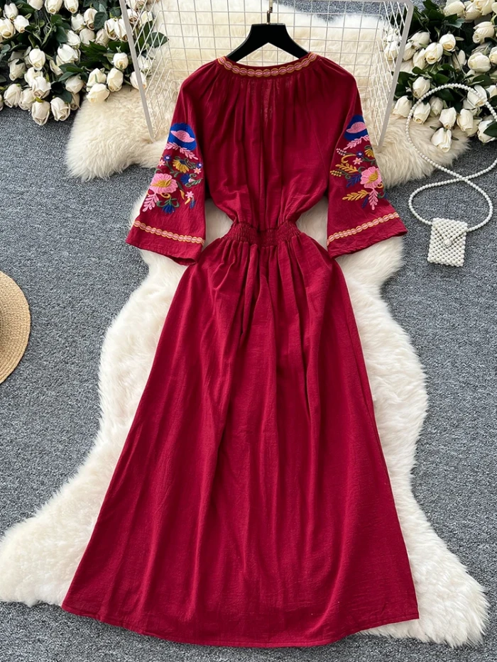 Vacation Retro Ethnic Style Embroidered V-neck Flared Sleeve Waist Cinched Dress