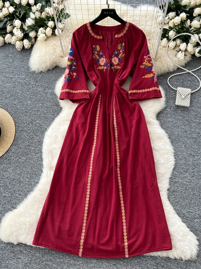 Vacation Retro Ethnic Style Embroidered V-neck Flared Sleeve Waist Cinched Dress