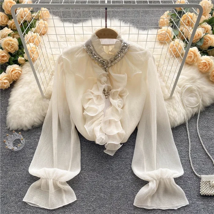 French Elegant Shirts Women Design Diamonds Loose Casual Tops Long Sleeve Ruffles Gentle Office Lady Blouses