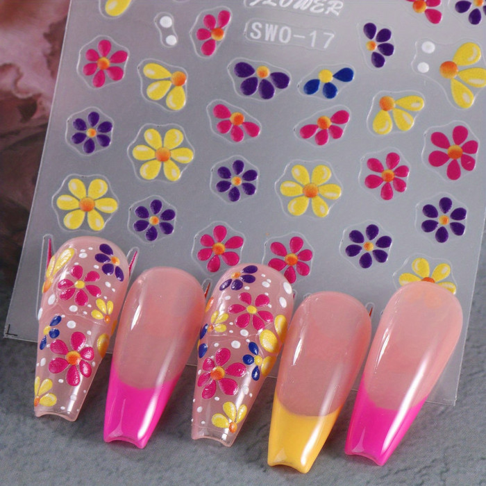 Colorful 5D Embossed Flower Nail Stickers, Semi-Glossy Irregular Fantasy Floral Nail Art Decals, Single Use DIY Self-Adhesive Summer Manicure Decor, Plastic Unscented Embroidered Sliders - 1 Sheet