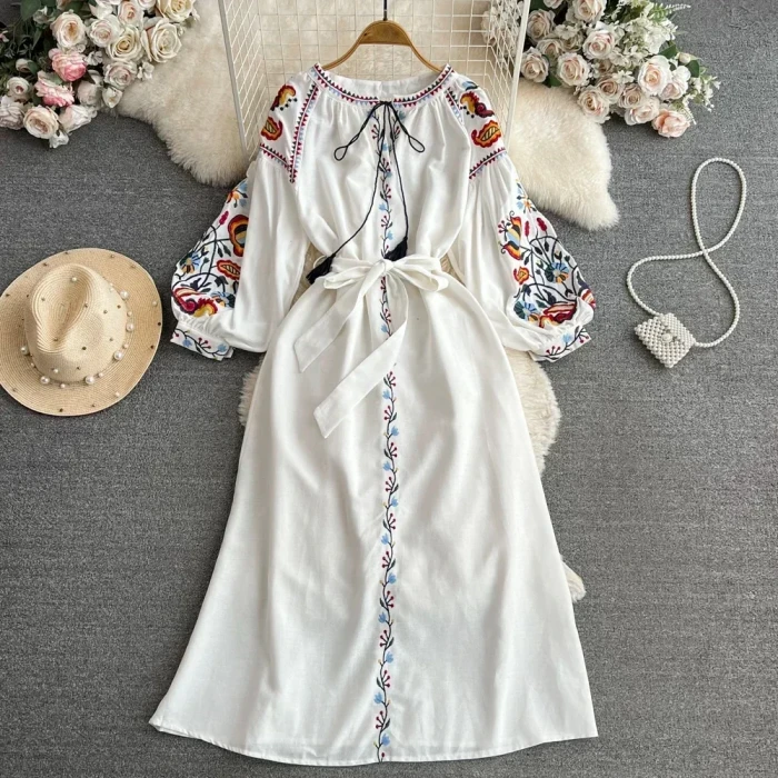 Women Vintage Ethnic Lantern Long Sleeve Embroidered Round Neck Slim A-line Cotton Linen Dress