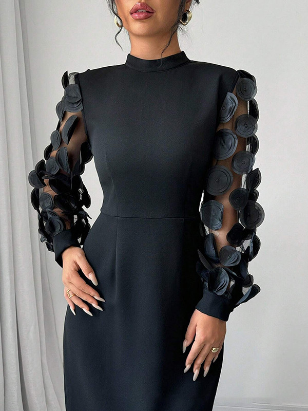 Zipper Split-Joint Split-Back Solid Color Pleated Long Sleeves High Waisted Mock Neck Maxi Dresses