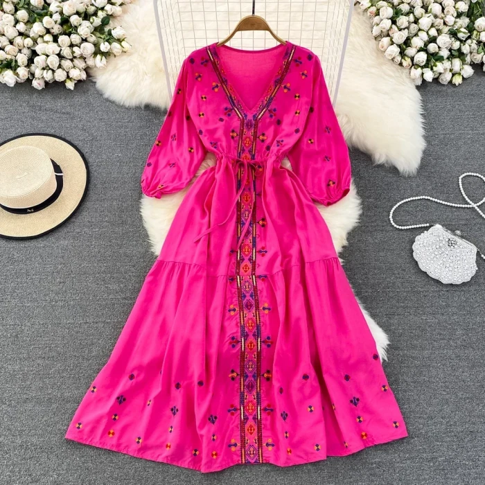 Bohemian Retro Ethnic Embroidery V-neck Waist A-line Seaside Holiday Swing Long Vestidos Dress
