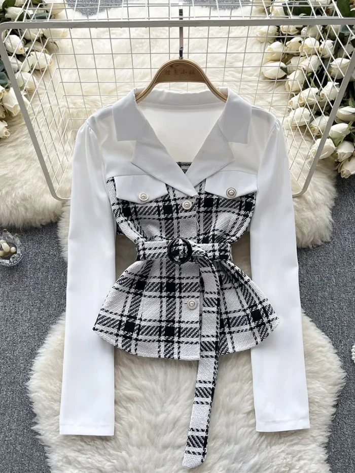 Women Autumn Shirt High Grade Fake Two Piece Checkered Shirt Color Matching Strap Design Feeling Niche Temperament Top