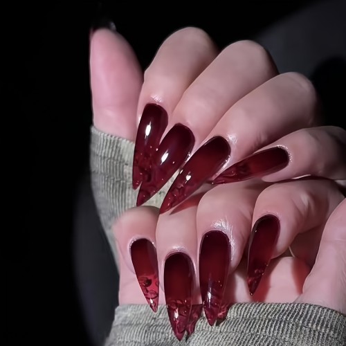 10pcs Handmade Wearable Nail Women'S Full Coverage Nail Sticker Reusable Red Amber Water Drop Shape High-end ins and European and American Style Nail Art