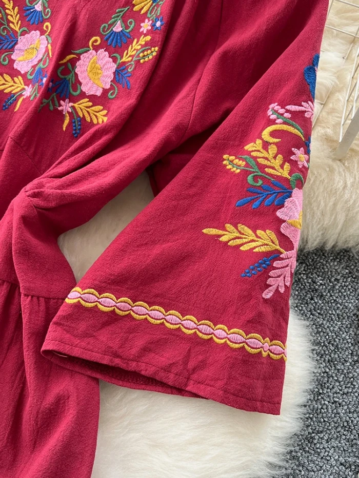 Vacation Retro Ethnic Style Embroidered V-neck Flared Sleeve Waist Cinched Dress