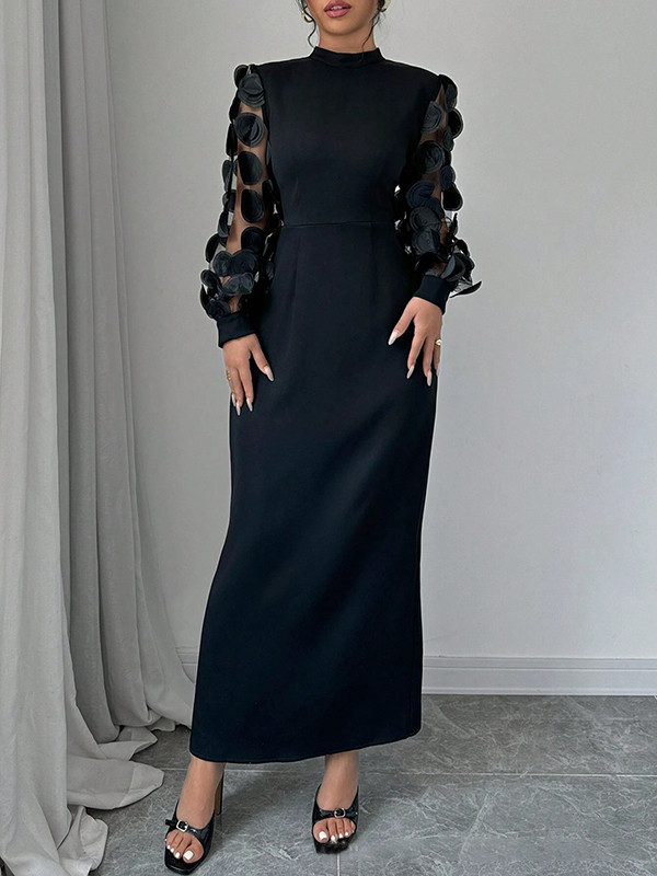 Zipper Split-Joint Split-Back Solid Color Pleated Long Sleeves High Waisted Mock Neck Maxi Dresses
