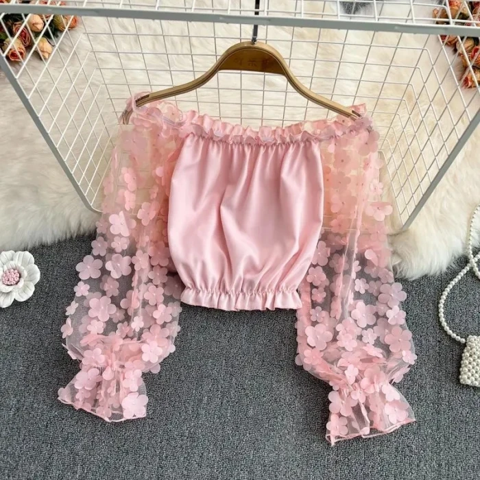 Flower Three-dimensional Decoration Slash Neck Long Sleeve Women's Blouse Shirt Korean Fashion Female Clothing Tops