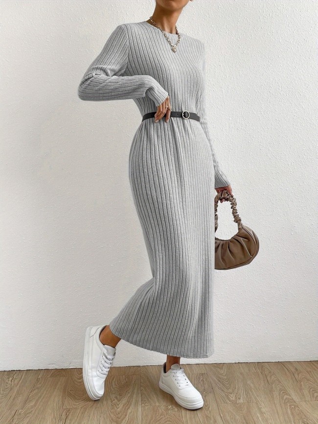 Elegant Ribbed Slim-Fit Long Sleeve Solid Color Round Neck A-Line Casual  Dress