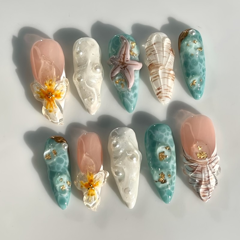 10pcs Set Almond-Shaped Handcrafted 3D Nails, Mixed Color Ocean-Inspired Design with Floral, Starfish, Pearls & Seashell Accents, Glossy Finish, Medium Length for Women and Girls Daily Wear & Gift