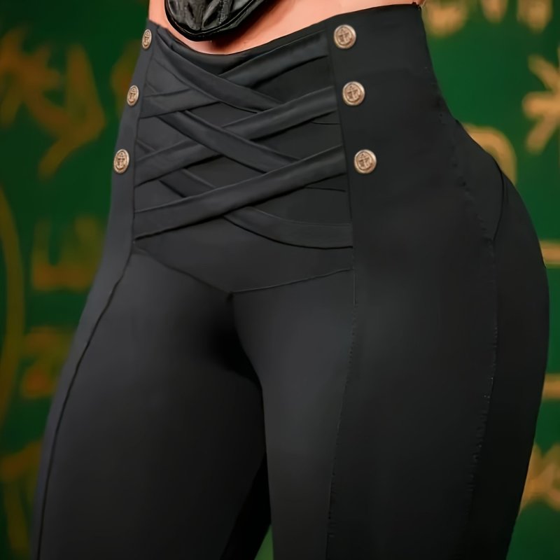 Sexy High-Waisted Leggings High-Waisted Black Leggings with Decorative Golden Buttons