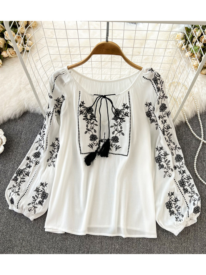 Women Spring Autumn Blouse Vintage National Style Long Sleeve Round Neck Pullover Embroidery Loose Shirt Doll Shirt Top