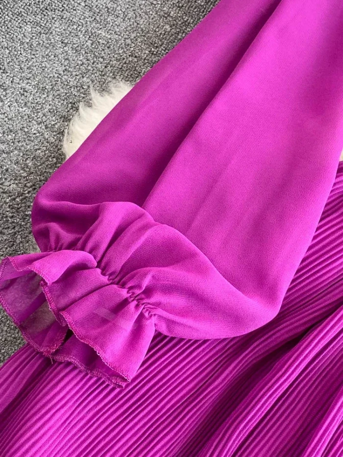 Retro Temperament V-neck Ruffled Bubble Long-sleeved Waist Slimming A-line Pleated Dress