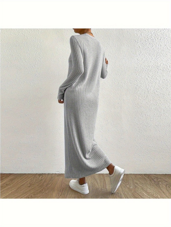 Elegant Ribbed Slim-Fit Long Sleeve Solid Color Round Neck A-Line Casual  Dress