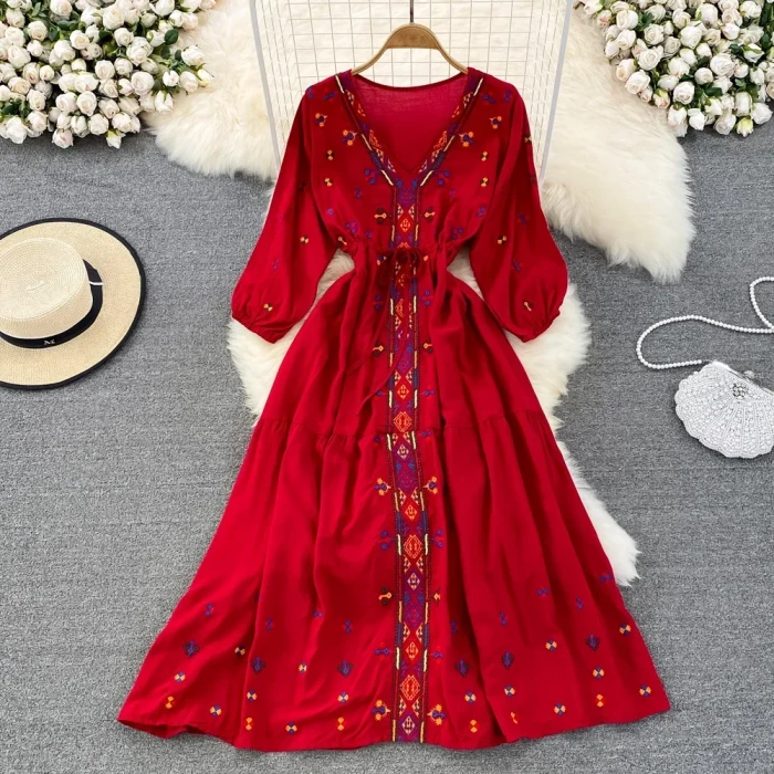Bohemian Retro Ethnic Embroidery V-neck Waist A-line Seaside Holiday Swing Long Vestidos Dress