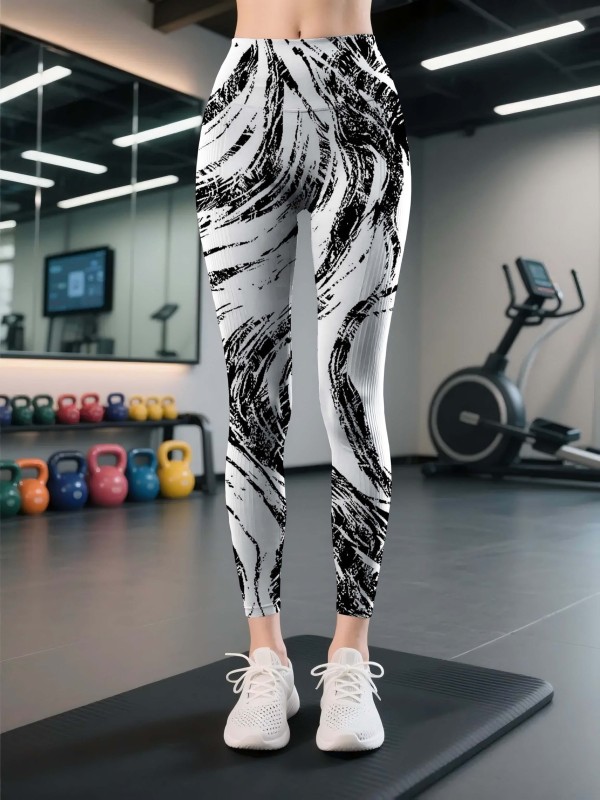 Women's Bohemian Pop Art Yoga Pants - Black & White Stripe & Boho Print Leggings