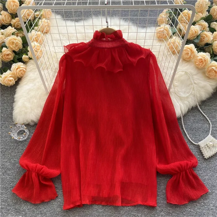 French Elegant Shirts Women Design Diamonds Loose Casual Tops Long Sleeve Ruffles Gentle Office Lady Blouses