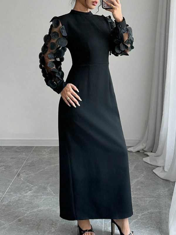 Zipper Split-Joint Split-Back Solid Color Pleated Long Sleeves High Waisted Mock Neck Maxi Dresses