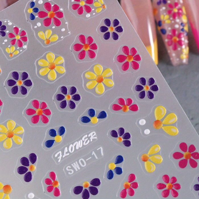 Colorful 5D Embossed Flower Nail Stickers, Semi-Glossy Irregular Fantasy Floral Nail Art Decals, Single Use DIY Self-Adhesive Summer Manicure Decor, Plastic Unscented Embroidered Sliders - 1 Sheet