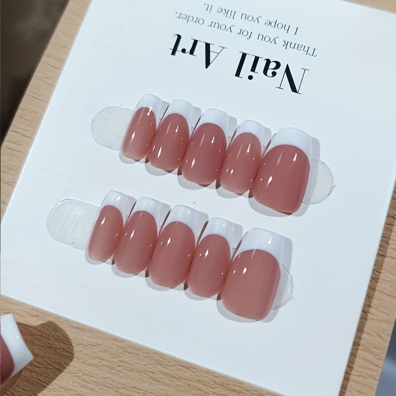 10pcs Handmade Press On Nails Nude Fake Nails With White French Tips, Glossy Long Coffin Shape Minimalist Style False Nails For Women Girls