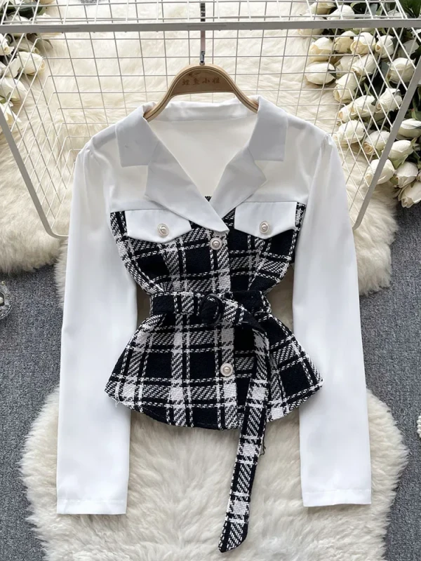 Women Autumn Shirt High Grade Fake Two Piece Checkered Shirt Color Matching Strap Design Feeling Niche Temperament Top