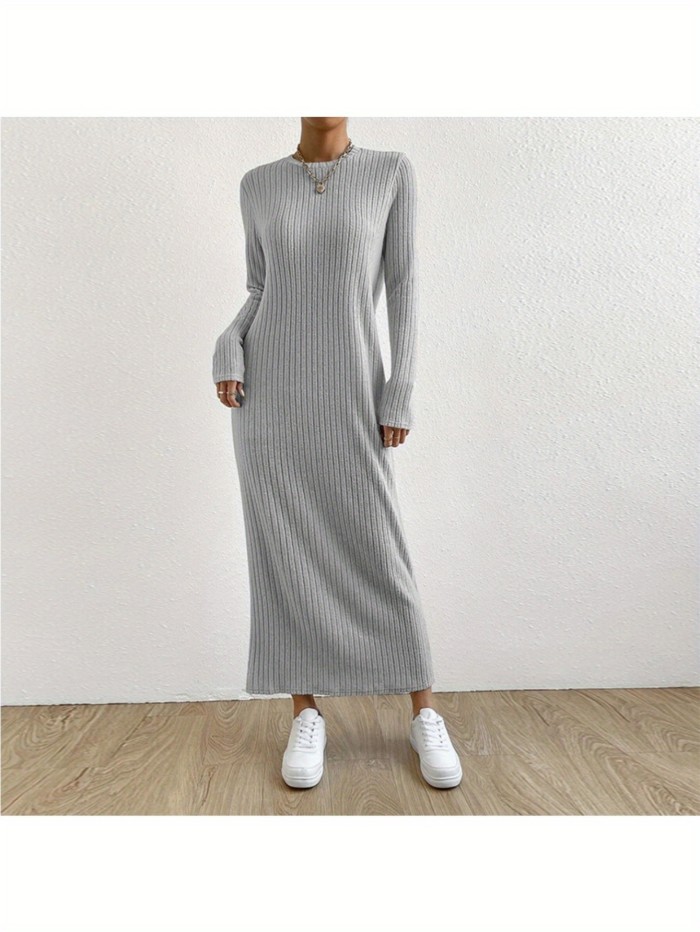 Elegant Ribbed Slim-Fit Long Sleeve Solid Color Round Neck A-Line Casual  Dress