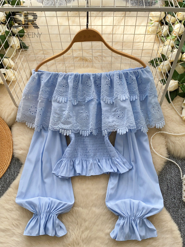 Floral Embroidery Lace Blouse Off Shoulder Long Sleeves Elastic Wiast Vacation Bohemian Sexy Shirt