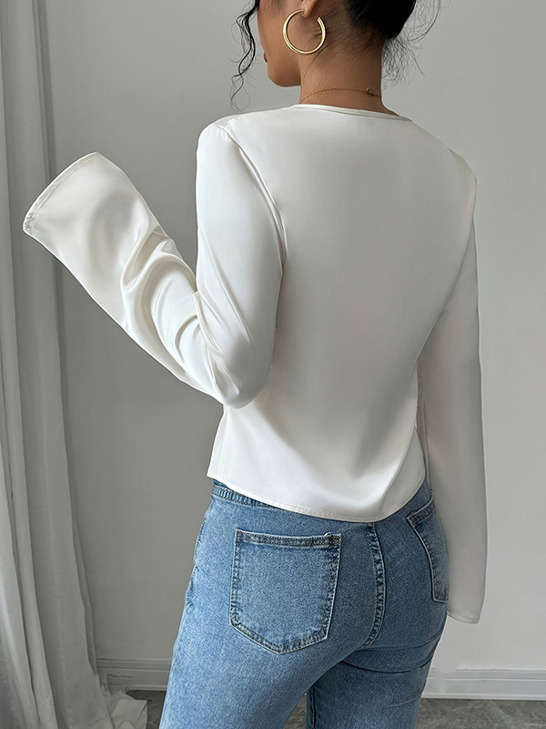 Split-Joint Solid Color Pleated Loose Long Sleeves V-neck Blouses&shirts Tops