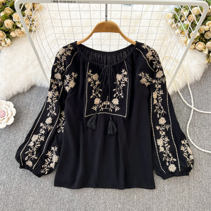 Women Spring Autumn Blouse Vintage National Style Long Sleeve Round Neck Pullover Embroidery Loose Shirt Doll Shirt Top