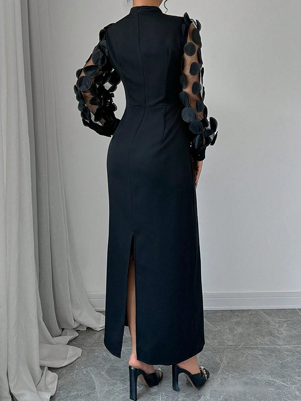 Zipper Split-Joint Split-Back Solid Color Pleated Long Sleeves High Waisted Mock Neck Maxi Dresses
