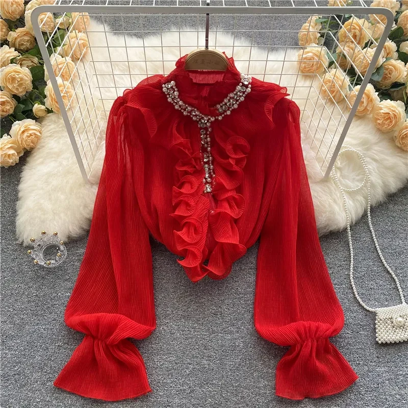 French Elegant Shirts Women Design Diamonds Loose Casual Tops Long Sleeve Ruffles Gentle Office Lady Blouses