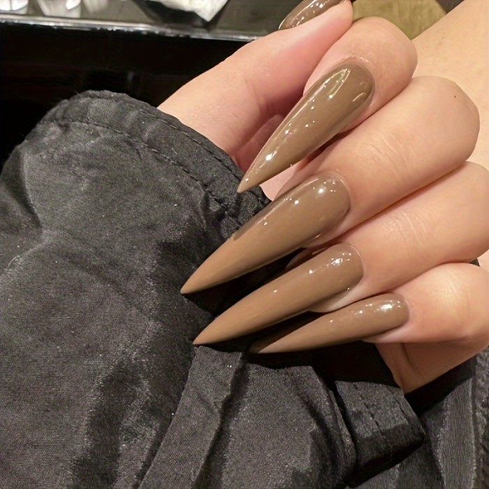 Ten-Pack Handmade Wearable Nails for Women Full Coverage Nail Stickers Reusable Long Teardrop Manicure Sheets Solid Chocolate Brown