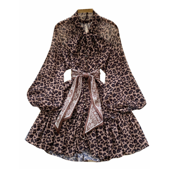 Fashionable Scarves Straps Waistband Lantern Sleeves Leopard Print Mesh A-line  Mini Dresses