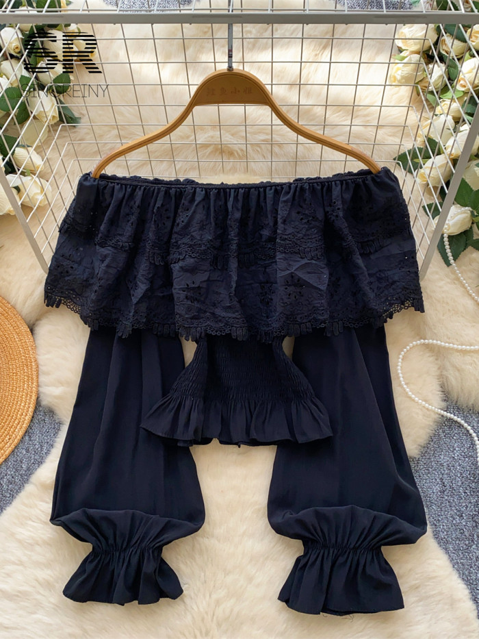 Floral Embroidery Lace Blouse Off Shoulder Long Sleeves Elastic Wiast Vacation Bohemian Sexy Shirt