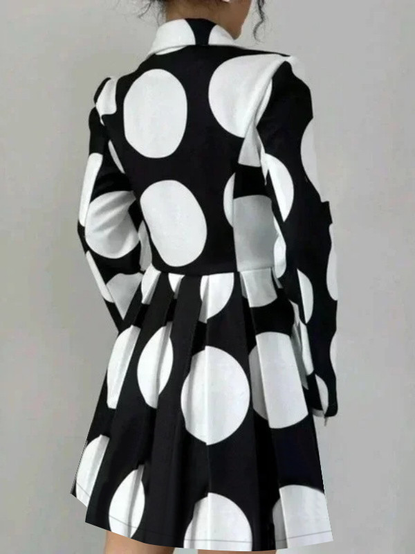 Polka-Dot Pleated Contrast Color Buttoned Long Sleeves High Waisted Lapel Midi Dresses