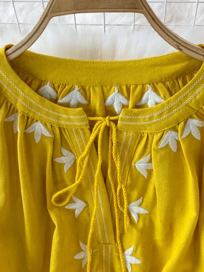 Holiday Embroidered Round Neck Lantern Sleeve Bohemian Vintage Loose Swing Dress