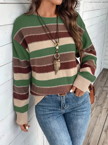 Women's Vintage Casual Horizontal Striped Soft Medium-Stretch Round Neck Long Sleeve Loose Sweater