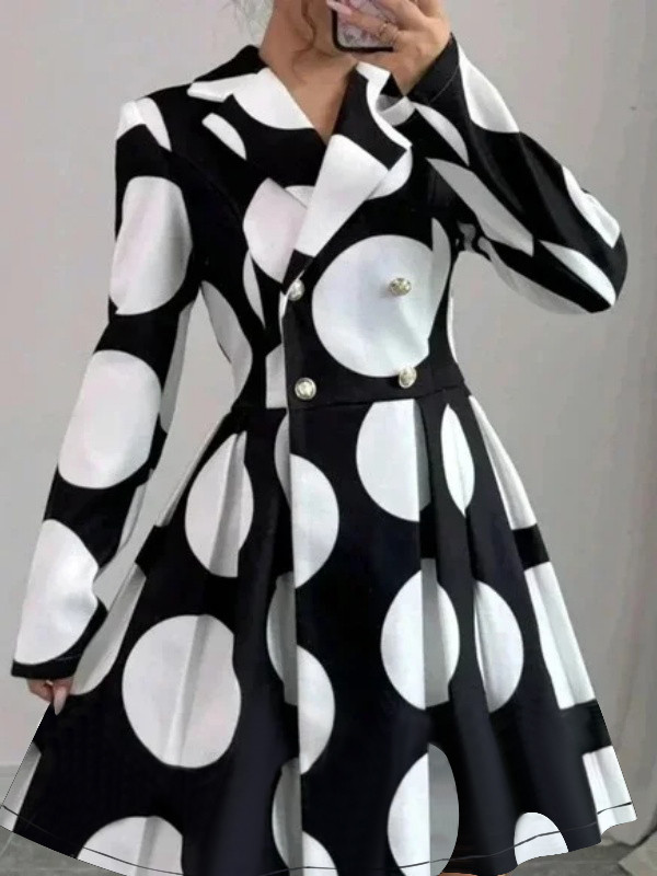 Polka-Dot Pleated Contrast Color Buttoned Long Sleeves High Waisted Lapel Midi Dresses