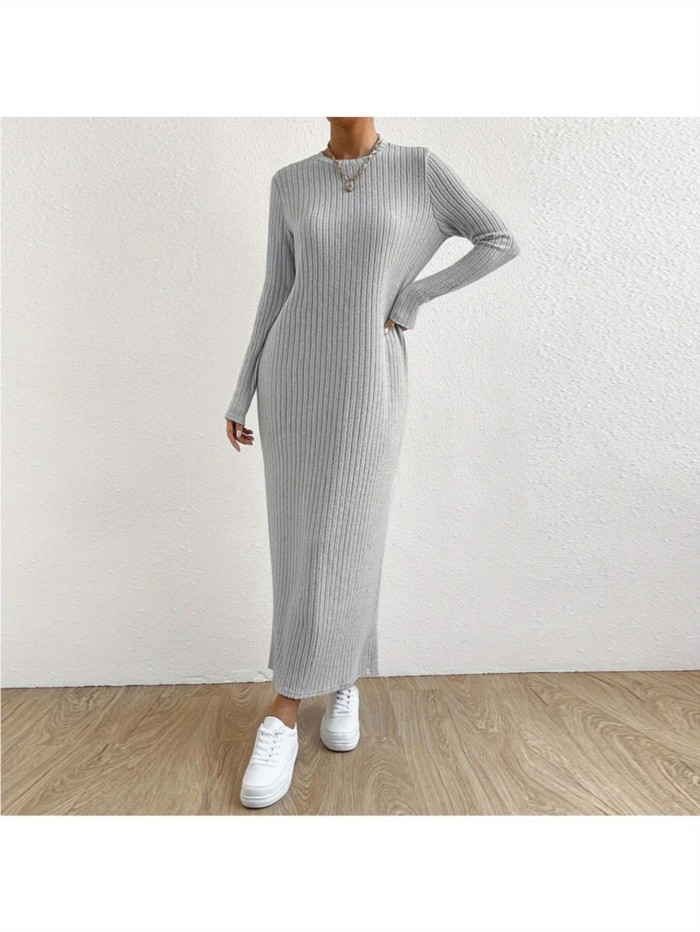 Elegant Ribbed Slim-Fit Long Sleeve Solid Color Round Neck A-Line Casual  Dress