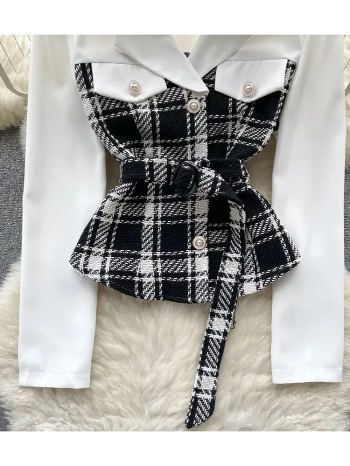 Women Autumn Shirt High Grade Fake Two Piece Checkered Shirt Color Matching Strap Design Feeling Niche Temperament Top