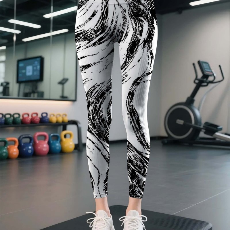 Women's Bohemian Pop Art Yoga Pants - Black & White Stripe & Boho Print Leggings