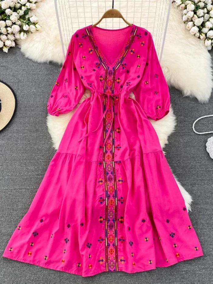 Bohemian Retro Ethnic Embroidery V-neck Waist A-line Seaside Holiday Swing Long Vestidos Dress